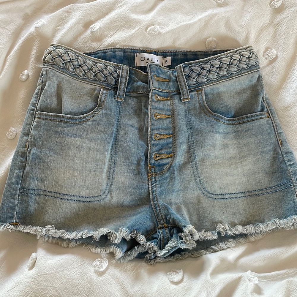 High rise braided denim cut off shorts